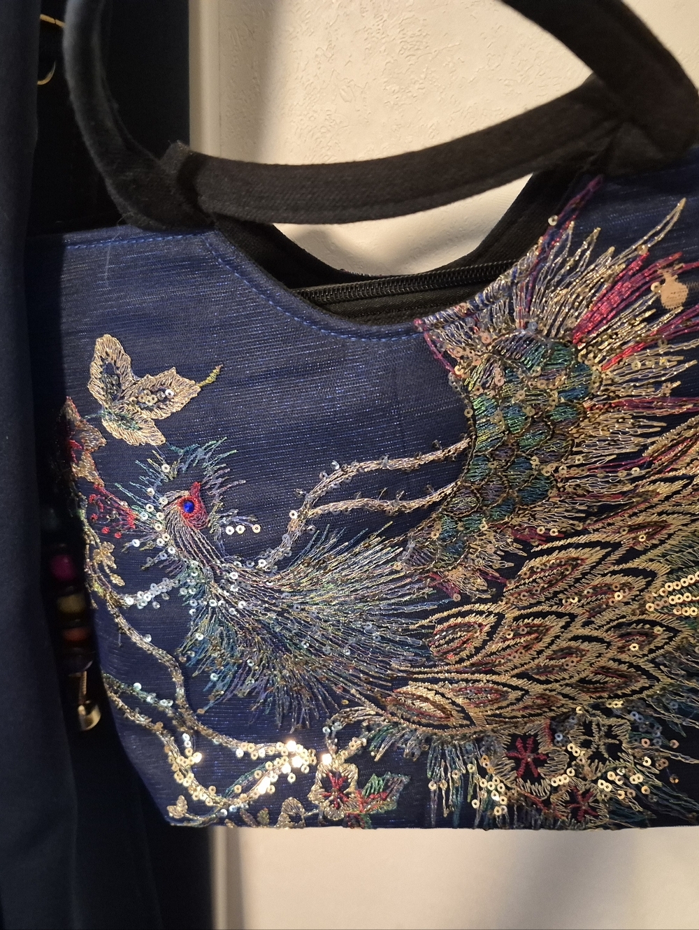 "Ella And Elly" Dark Blue Peacock Sequined Embroidered Tote Shoulder Bag - Picture 3 of 12